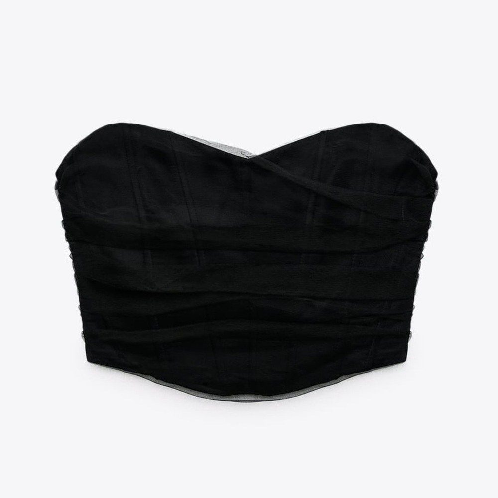 Zara CORSETRY-INSPIRED TULLE CROP TOP Black XS